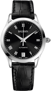 Front view of Balmain watch with black leather strap, stainless case and black face,