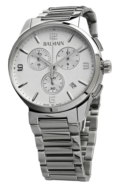 Balmain stainless watch with white face.