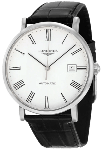 Longines watch with black leather strap, silver colour case and white face.
