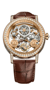Corum watch with leather strap, diamond case and mechanical aspects exposed on face.
