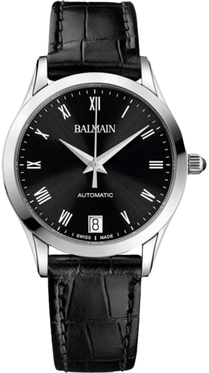 Front view of Balmain watch with black leather strap, stainless case and black face,