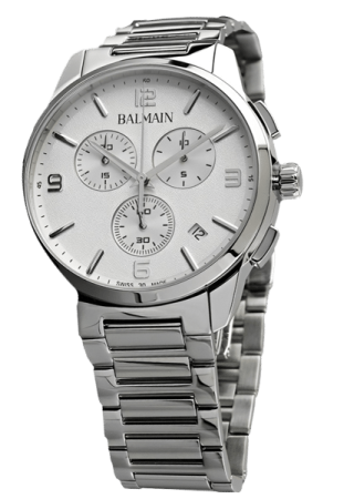 Balmain stainless watch with white face.