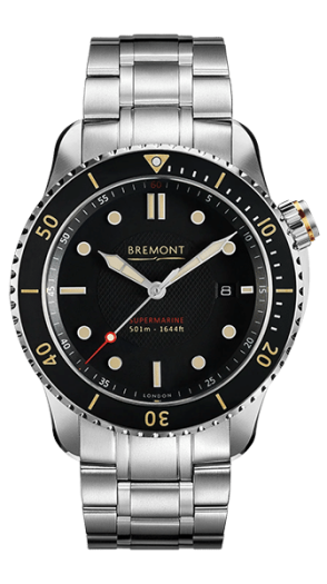 Bremont Watch Servicing - chrome metal strap and black face
