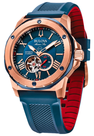 Bulova Watch Repairs - blue rubber strap with red interior and rose gold case