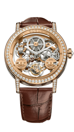 Corum watch with leather strap, diamond case and mechanical aspects exposed on face.