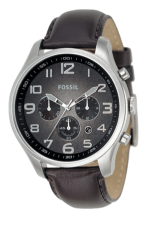 Fossil watch brown leather strap, chrome case and black watch face