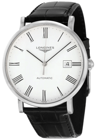 Longines watch with black leather strap, silver colour case and white face.