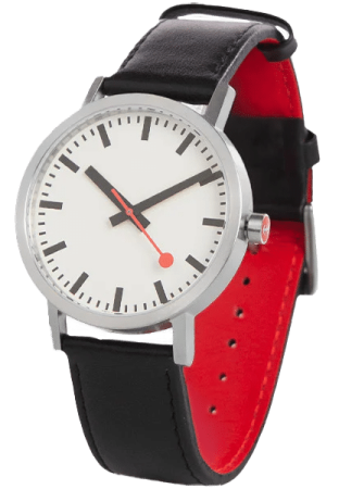 Mondaine Watch Repairs - Black leather strap with red backing