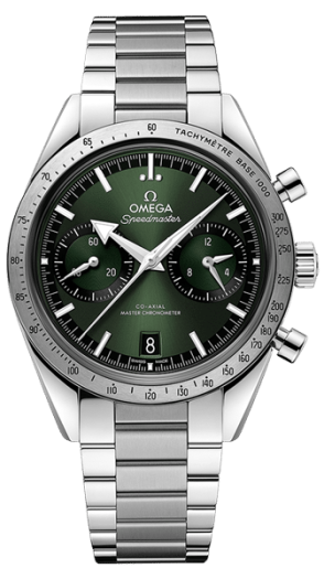 Omega Speedmaster with stainless steel bracelet and green face.