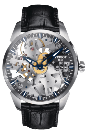 Tissot watch with mechanical movement parts visble on the watch face and a black leather watch strap