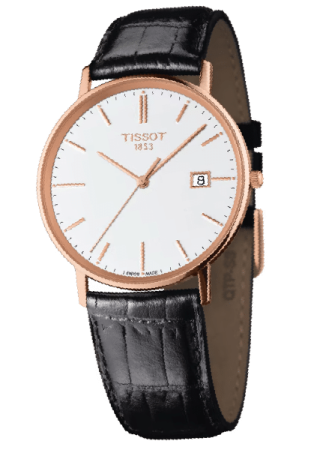 Tissot watch with a leather strap and white watch face