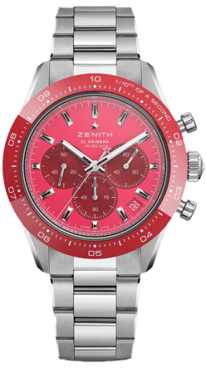 Zenith Watch Servicing Zenith El Primero red face and chrome bracelet